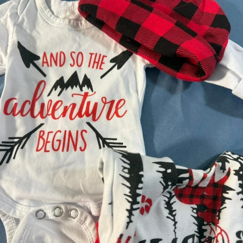 Infant 0-3 month 3PC Set Bodysuit Woodland Pants Buffalo Plaid Hat